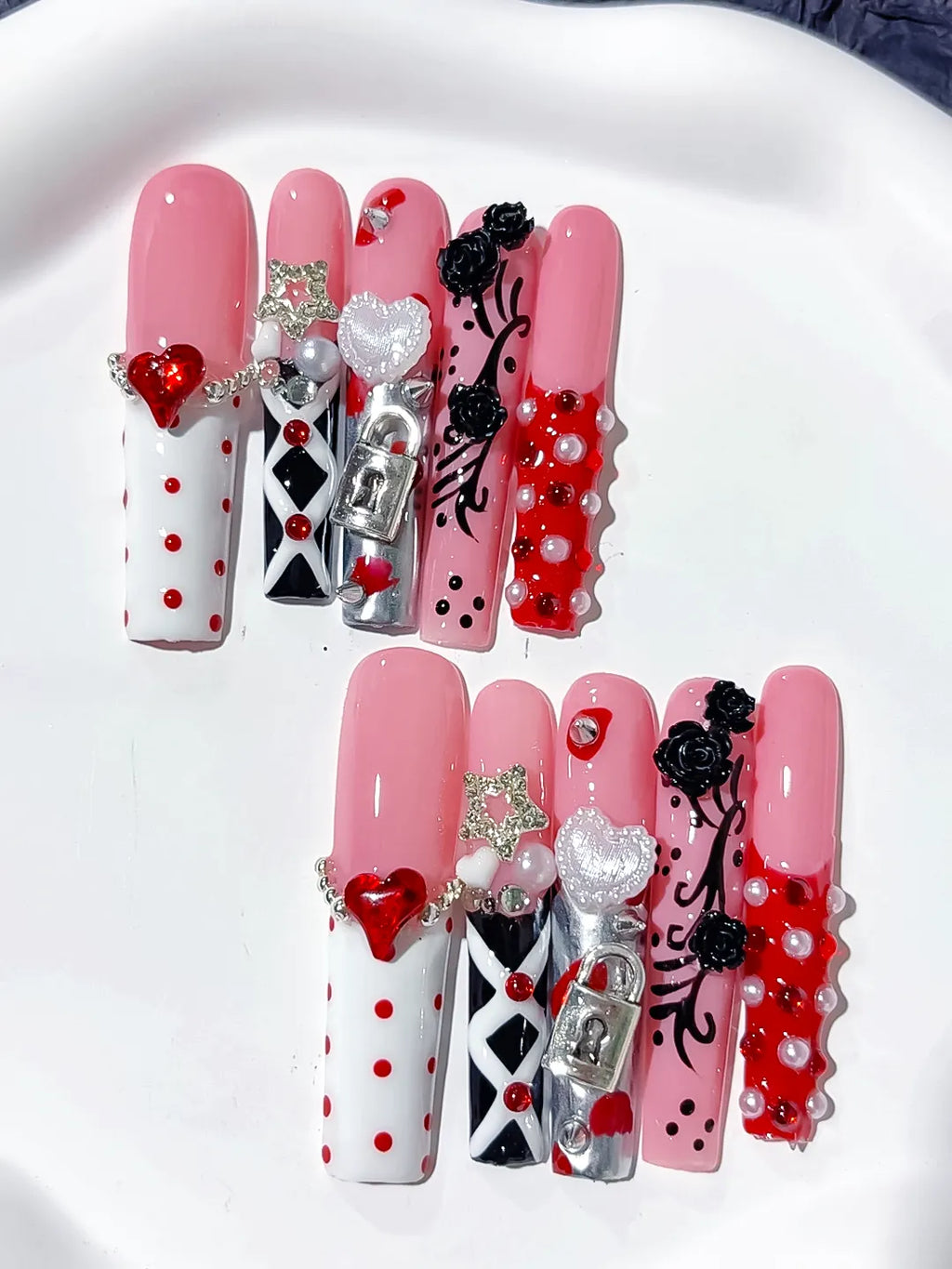 Pink White Black Abstract Heart Flower 3D press on nails detail view