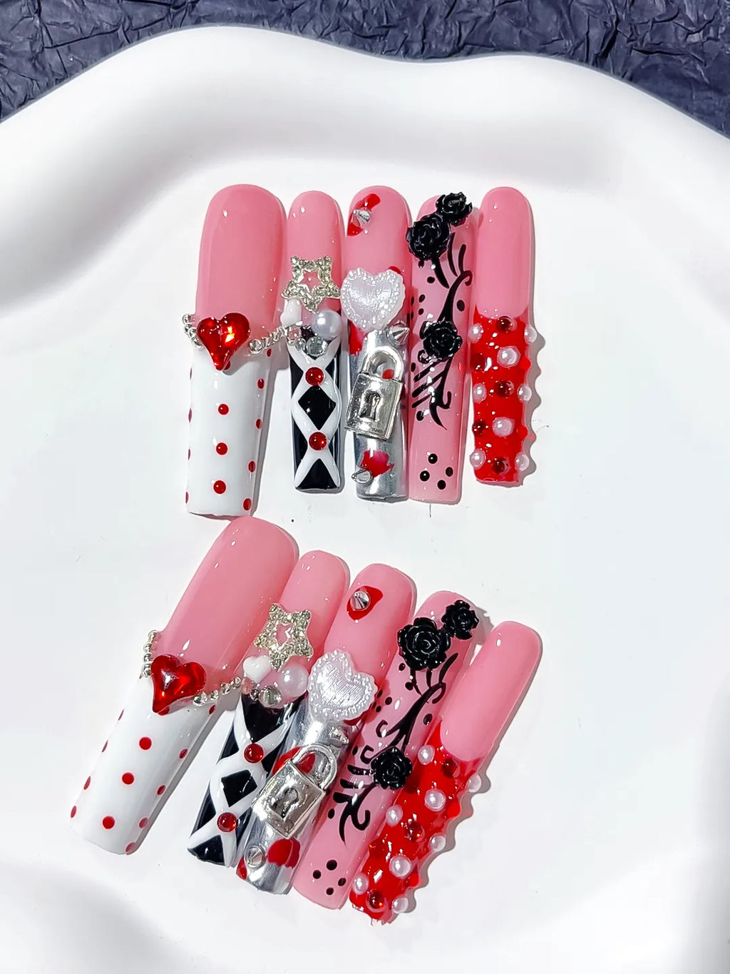 Pink White Black Abstract Heart Flower 3D press on nails close up