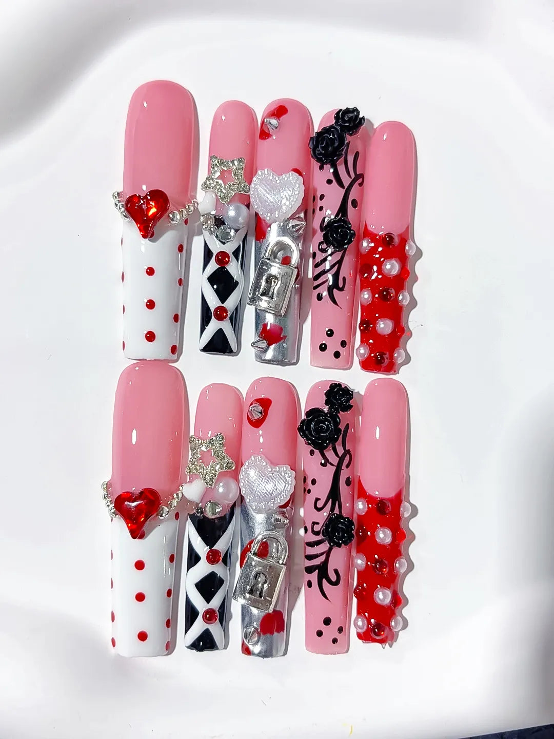 Pink White Black Abstract Heart Flower 3D press on nails detail view