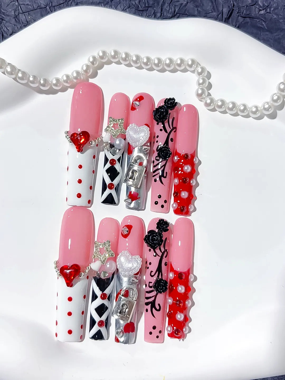 Pink White Black Abstract Heart Flower 3D press on nails detail view