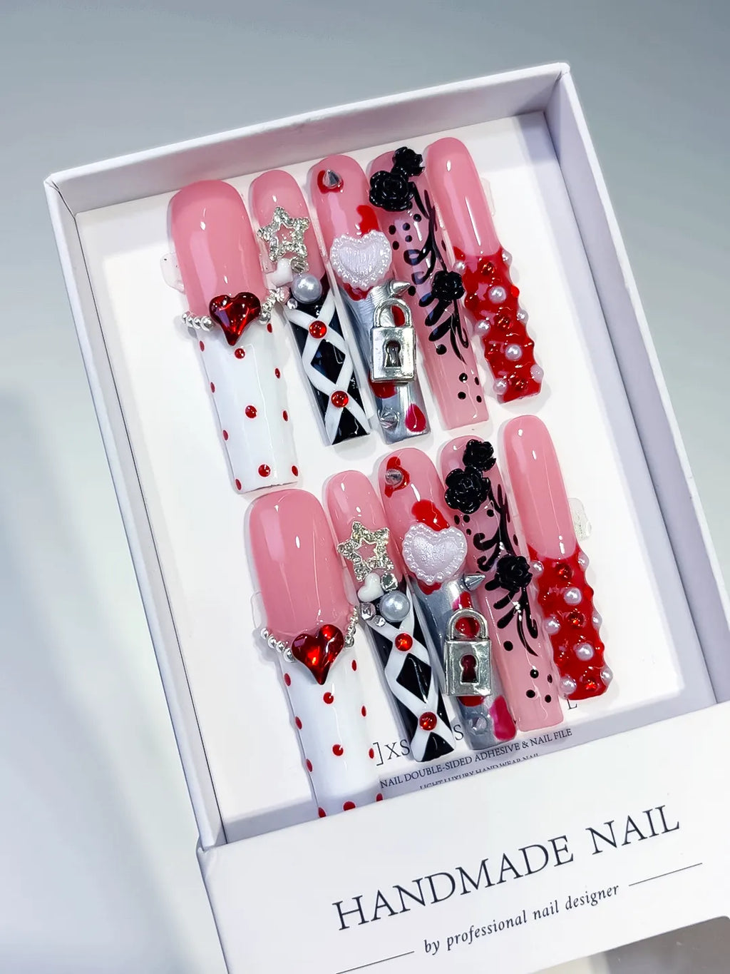 Pink White Black Abstract Heart Flower 3D press on nails angled view