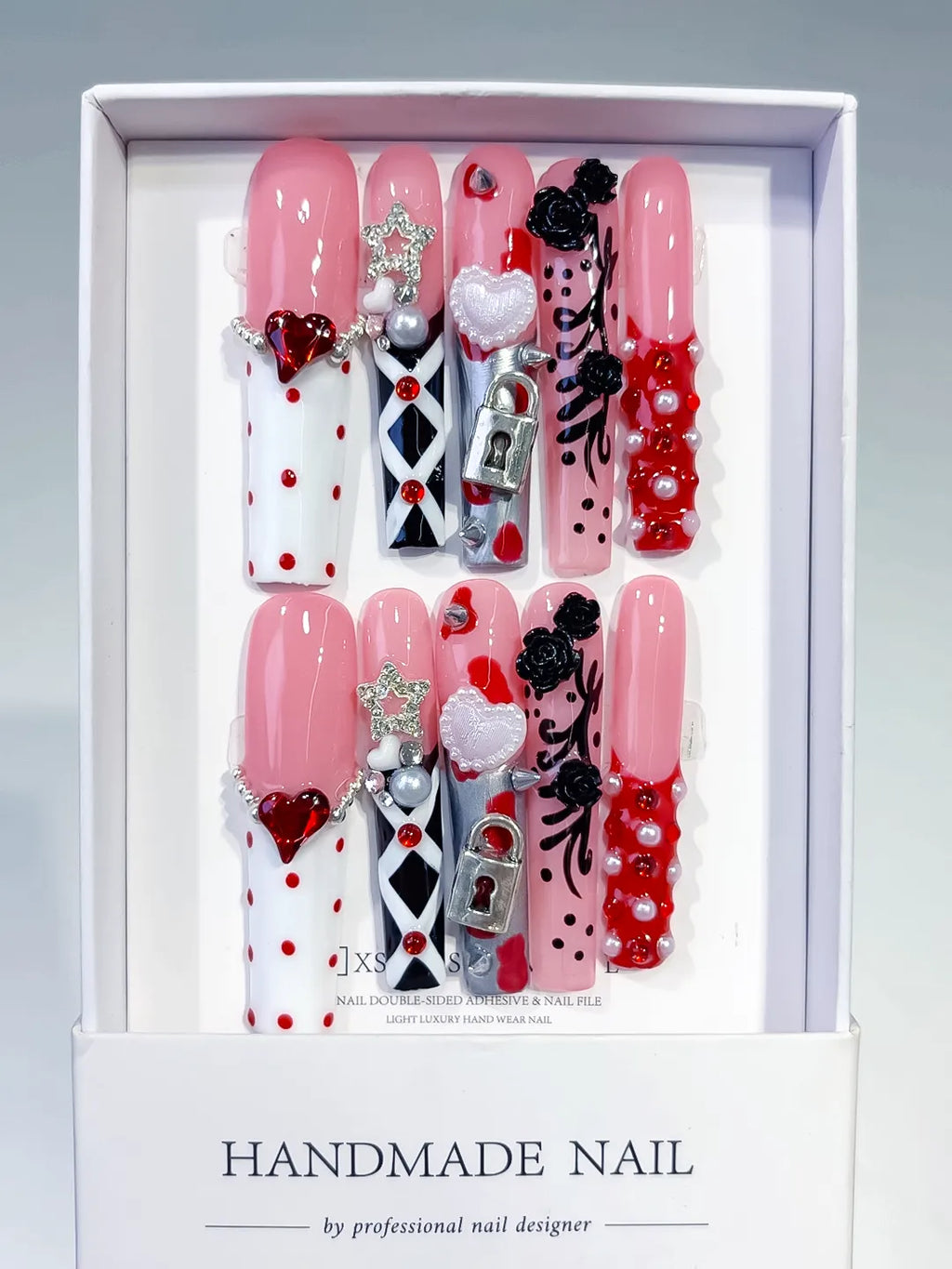 Pink White Black Abstract Heart Flower 3D press on nails full set view