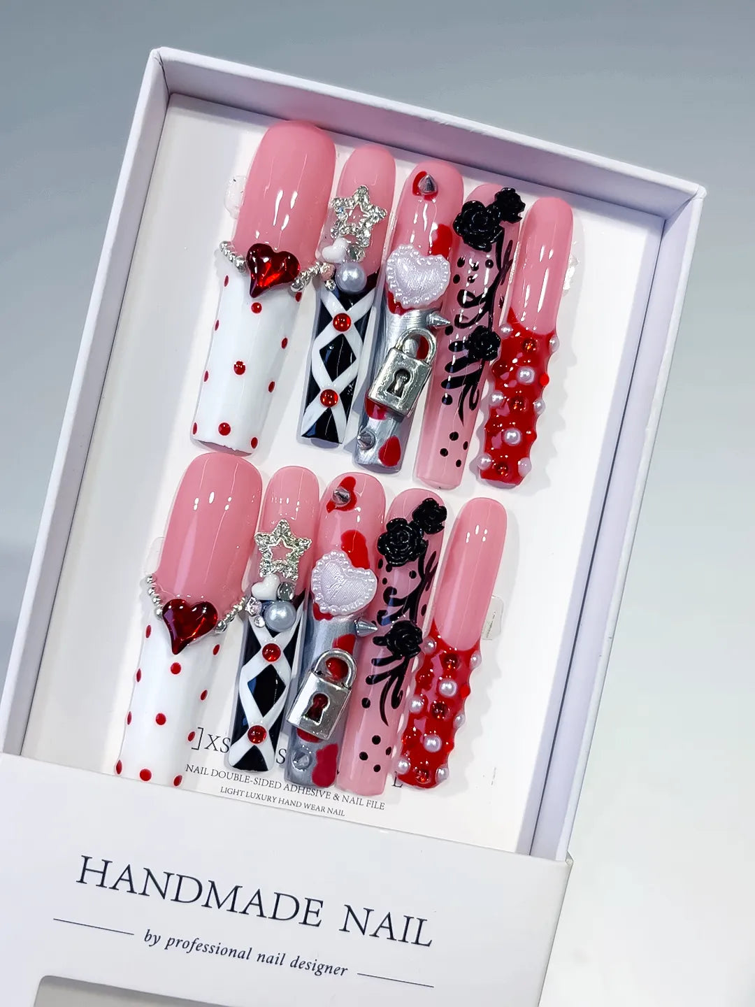 Pink White Black Abstract Heart Flower 3D press on nails