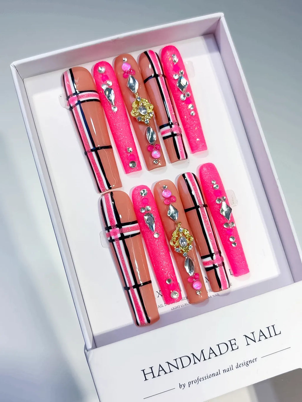 Pink Silver Abstract Grid Rhinestone press on nails angled view