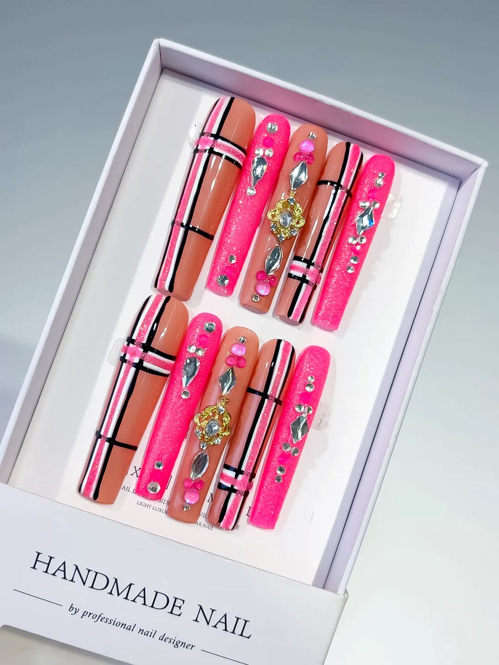 Pink Silver Abstract Grid Rhinestone press on nails