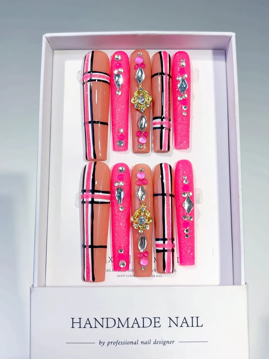 Pink Silver Abstract Grid Rhinestone press on nails full set view