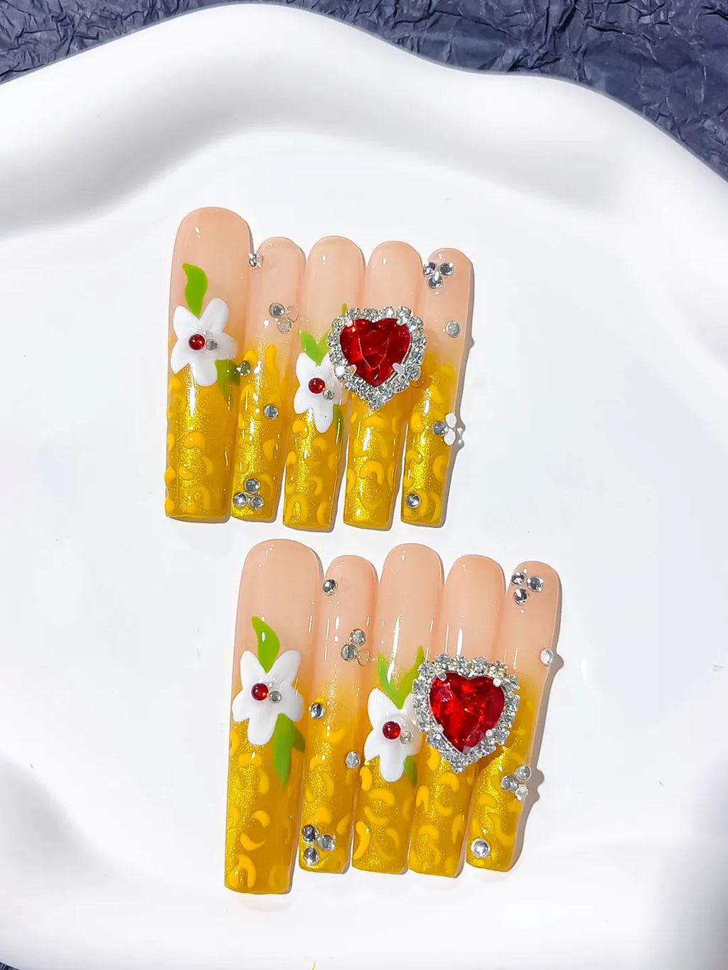 Yellow White Red Solid color Flower Rhinestone 3D press on nails close up