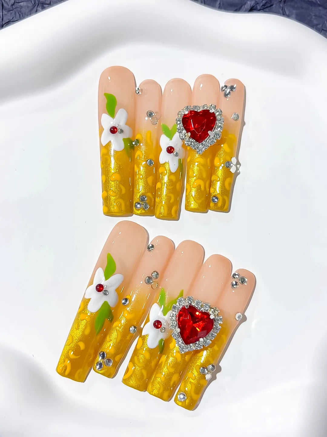 Yellow White Red Solid color Flower Rhinestone 3D press on nails detail view