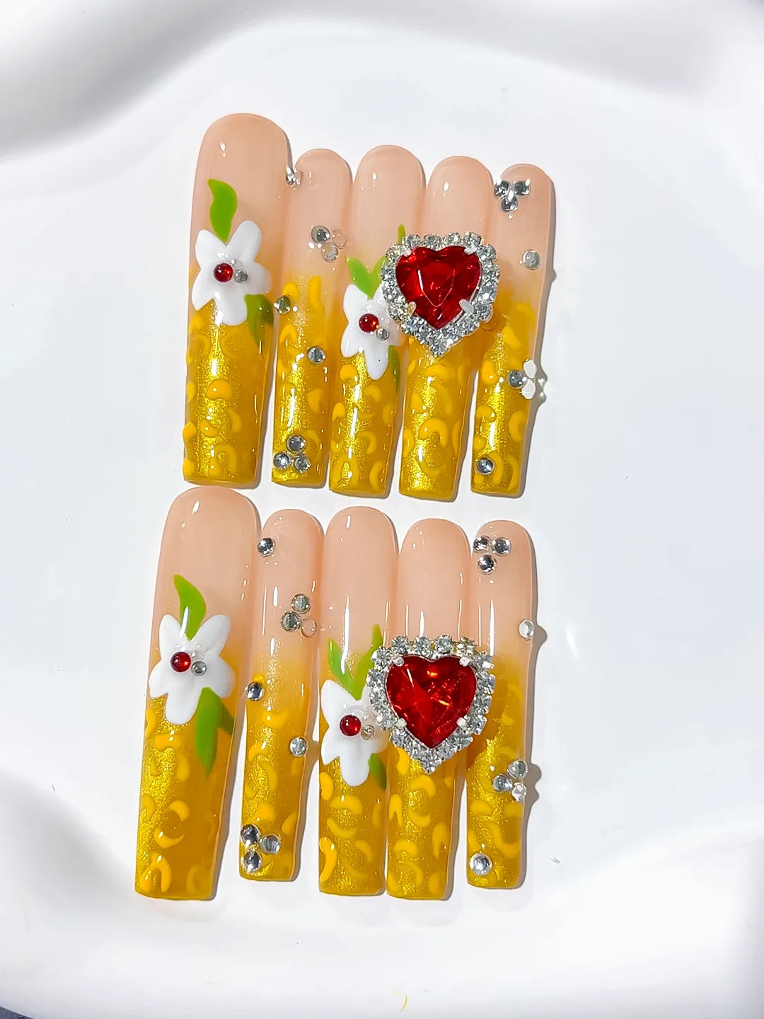 Yellow White Red Solid color Flower Rhinestone 3D press on nails detail view