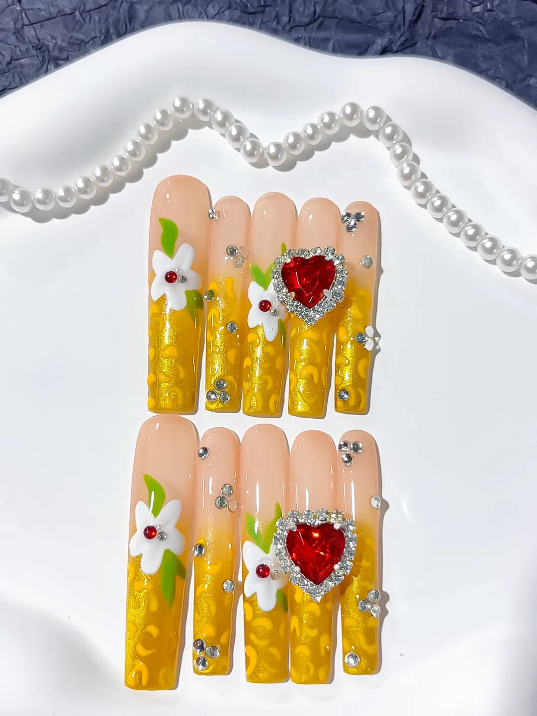 Yellow White Red Solid color Flower Rhinestone 3D press on nails detail view