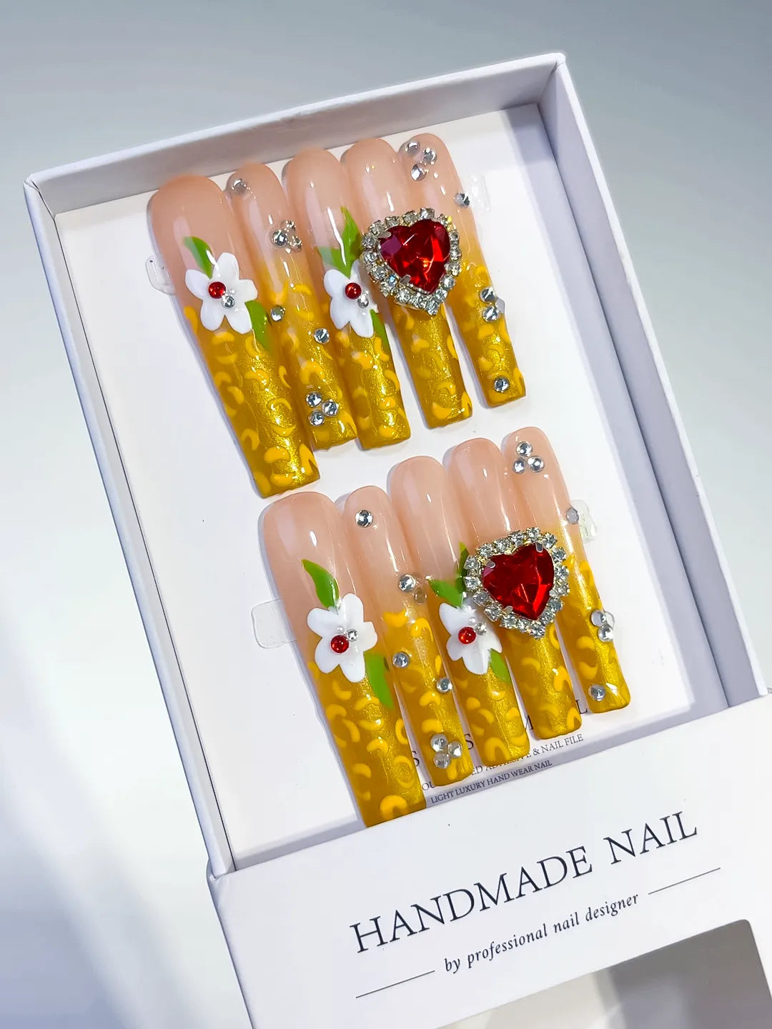 Yellow White Red Solid color Flower Rhinestone 3D press on nails angled view
