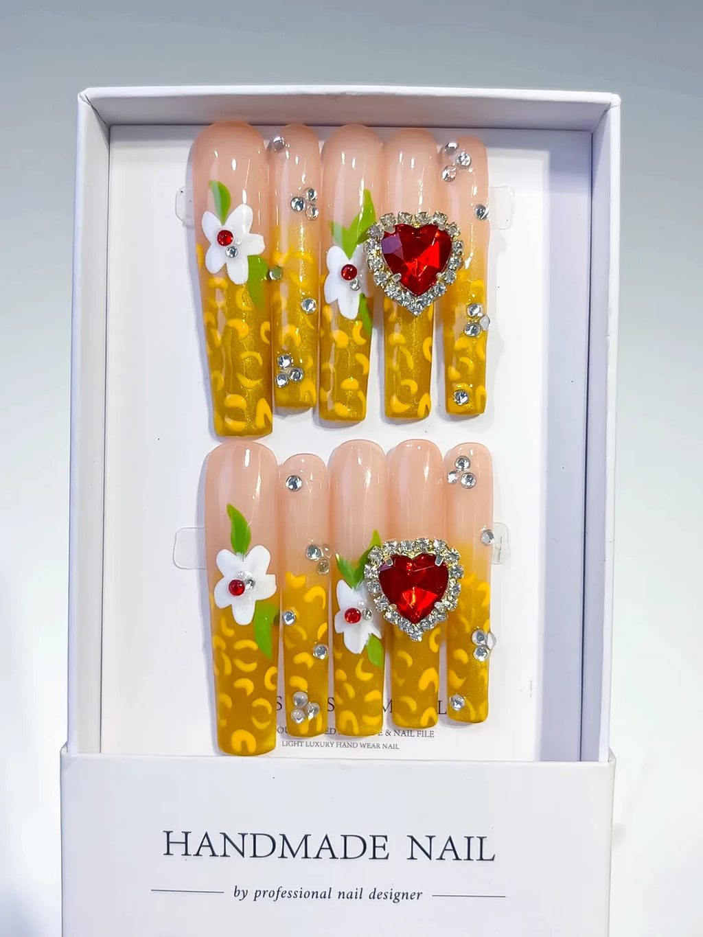Yellow White Red Solid color Flower Rhinestone 3D press on nails full set view