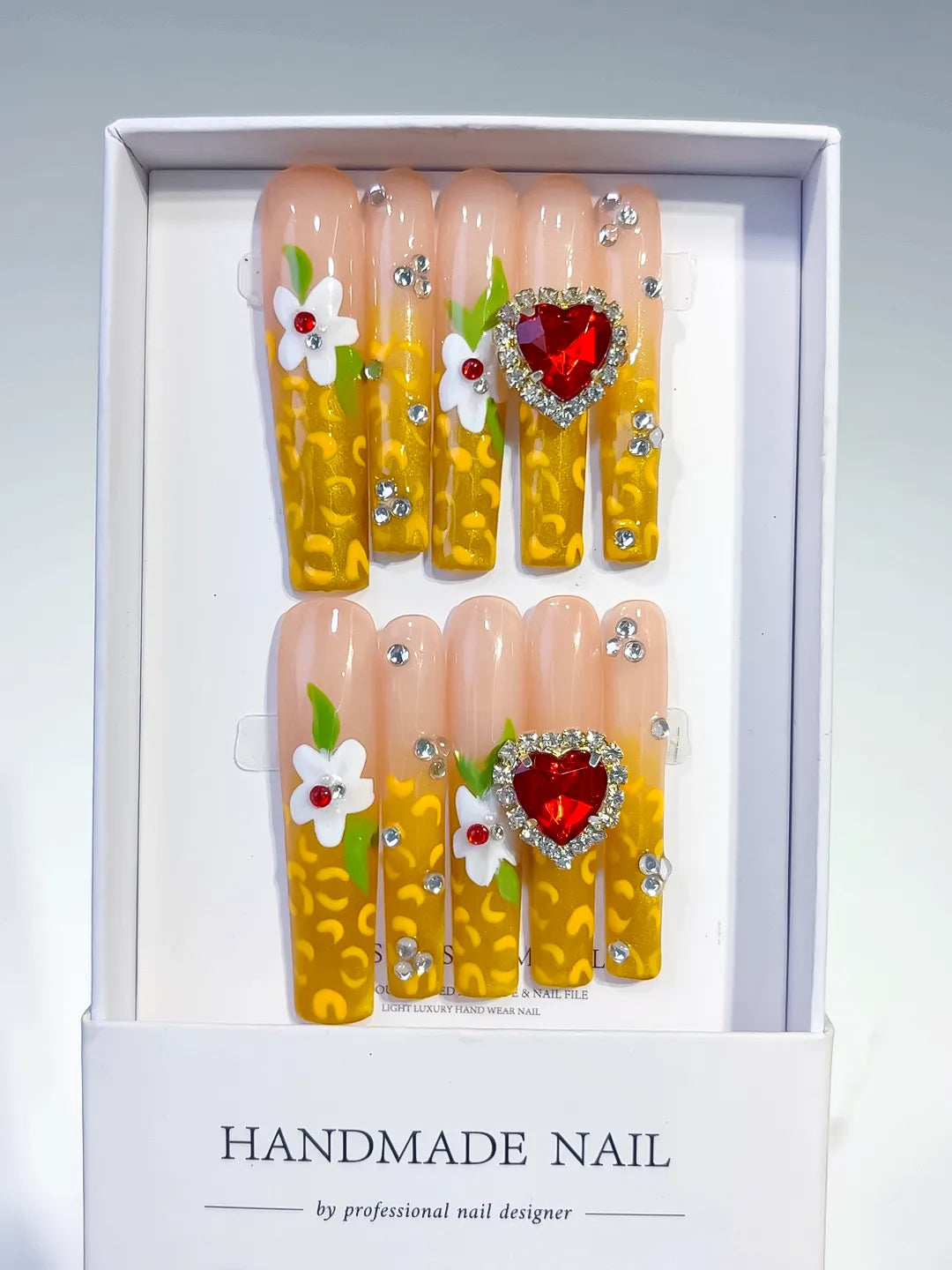 Yellow White Red Solid color Flower Rhinestone 3D press on nails full set view
