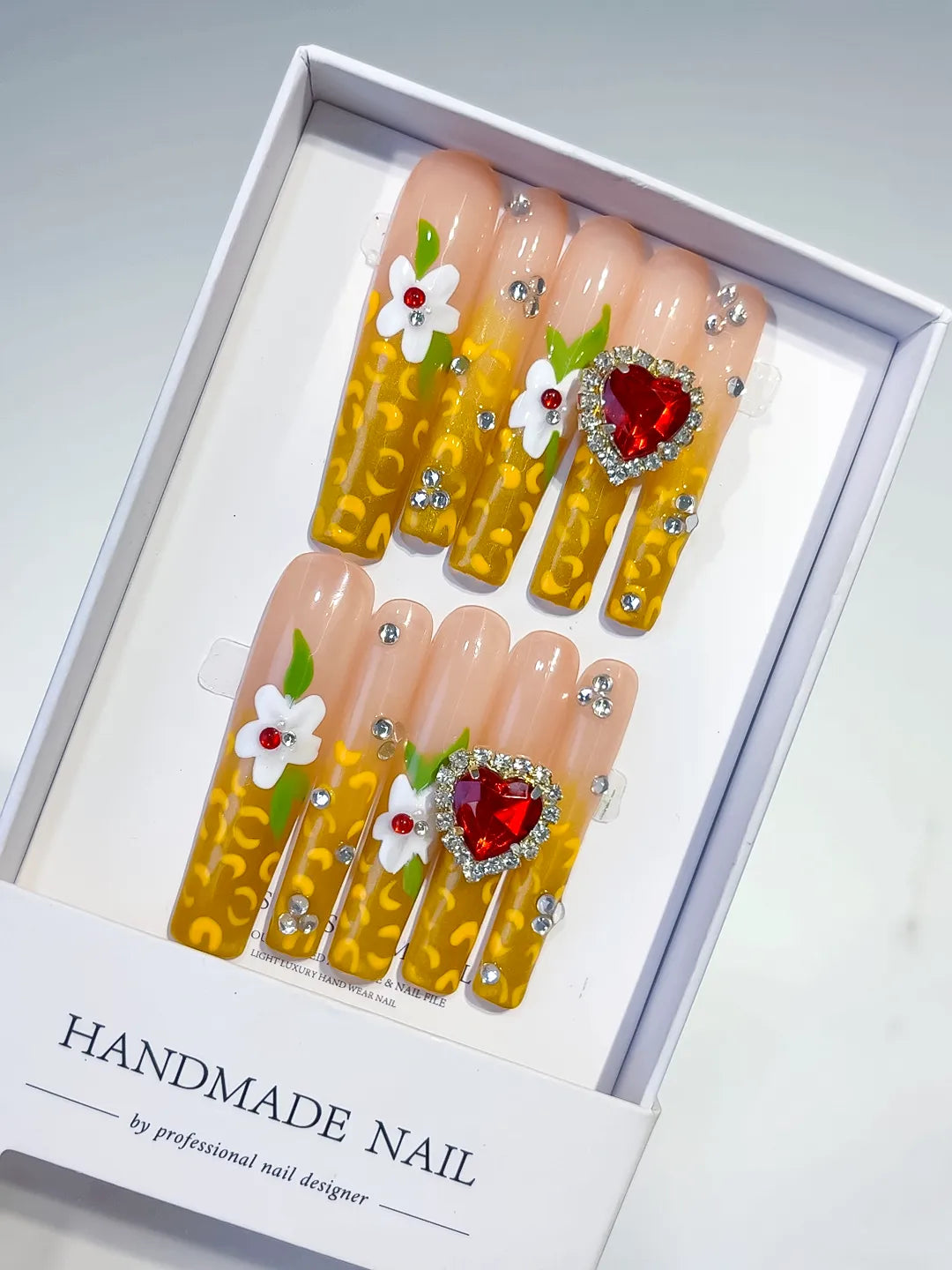 Yellow White Red Solid color Flower Rhinestone 3D press on nails