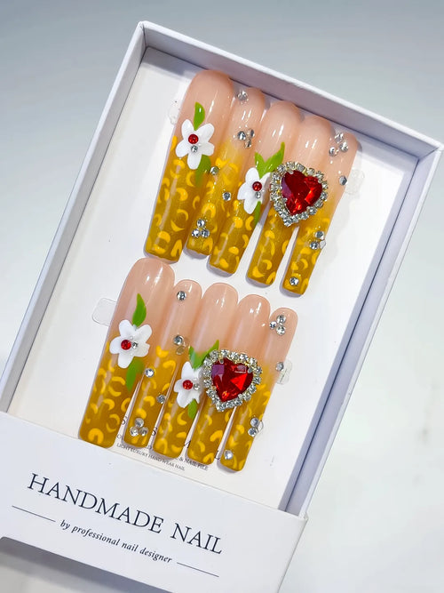 Yellow White Red Solid color Flower Rhinestone 3D press on nails