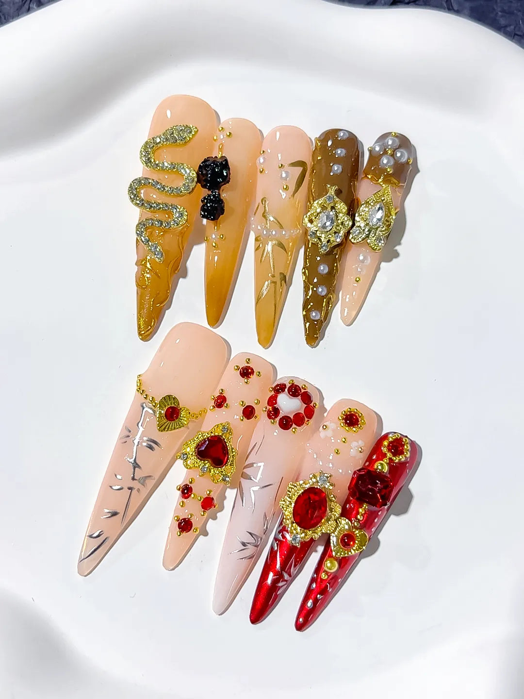 Brown Yellow Red Gold Solid color Flower Rhinestone Metallic Accent press on nails close up