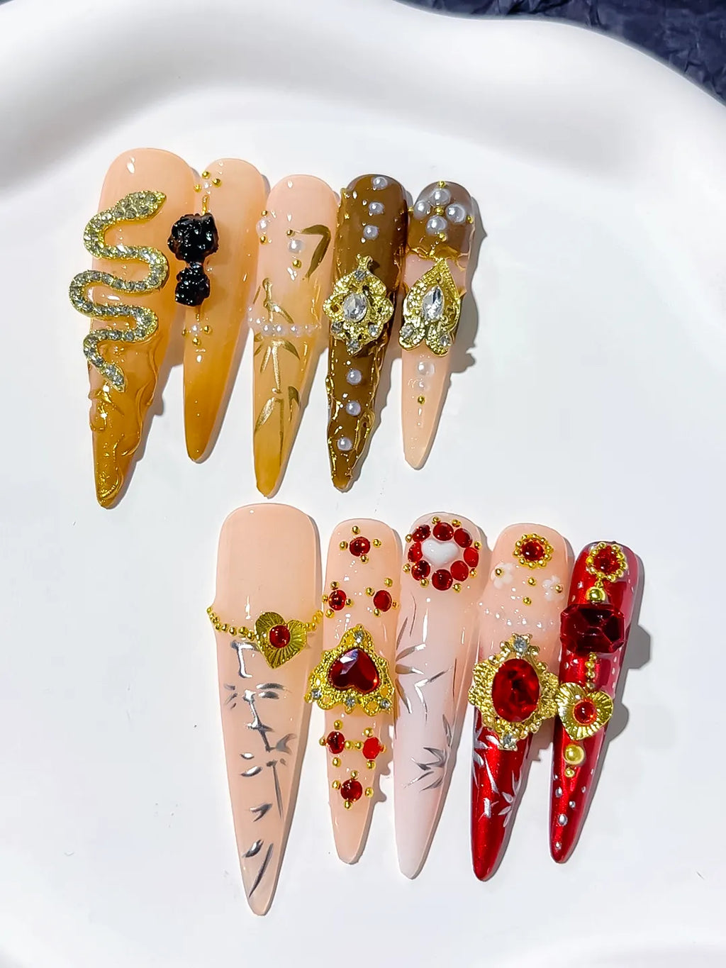 Brown Yellow Red Gold Solid color Flower Rhinestone Metallic Accent press on nails detail view