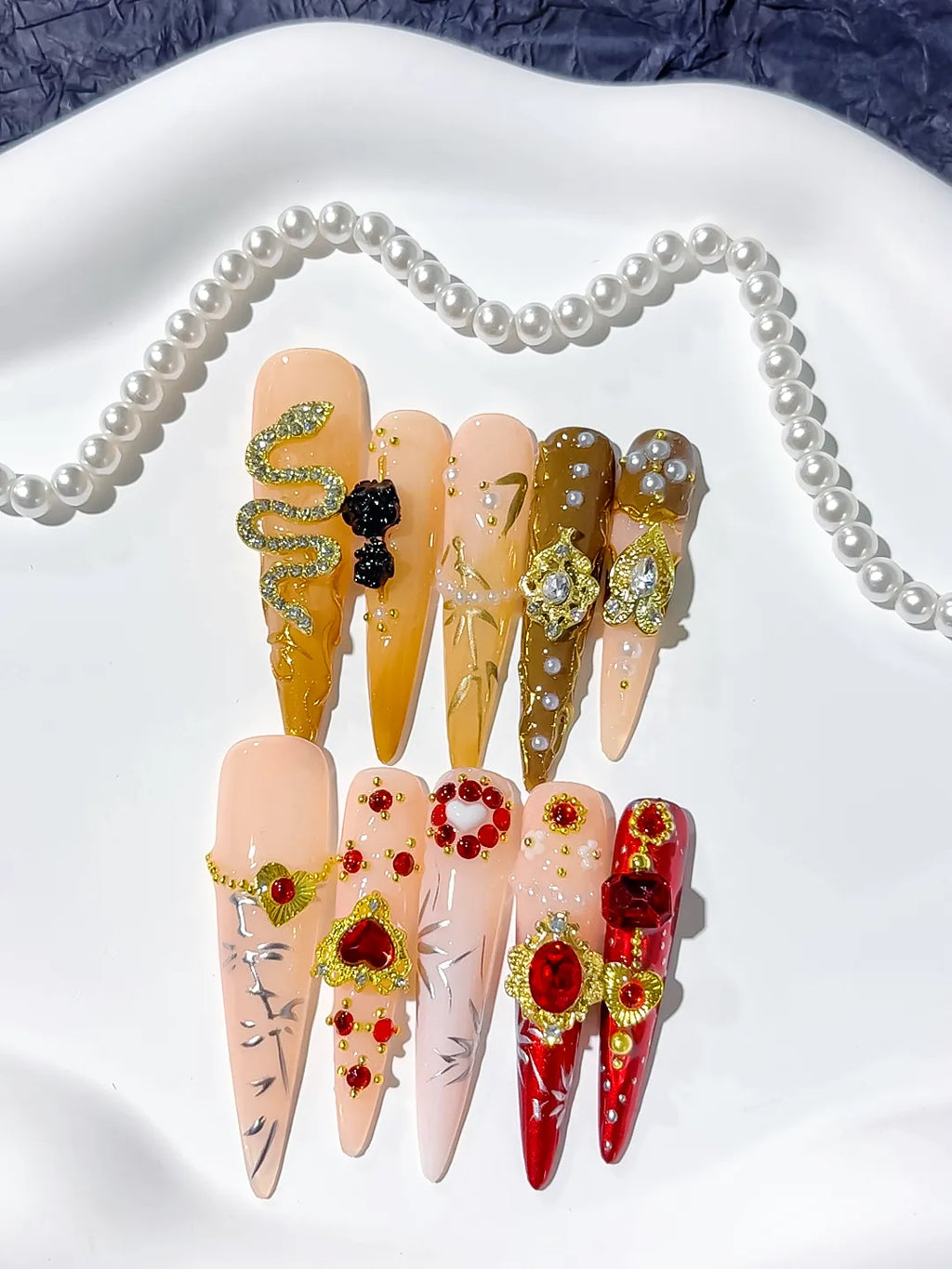 Brown Yellow Red Gold Solid color Flower Rhinestone Metallic Accent press on nails detail view