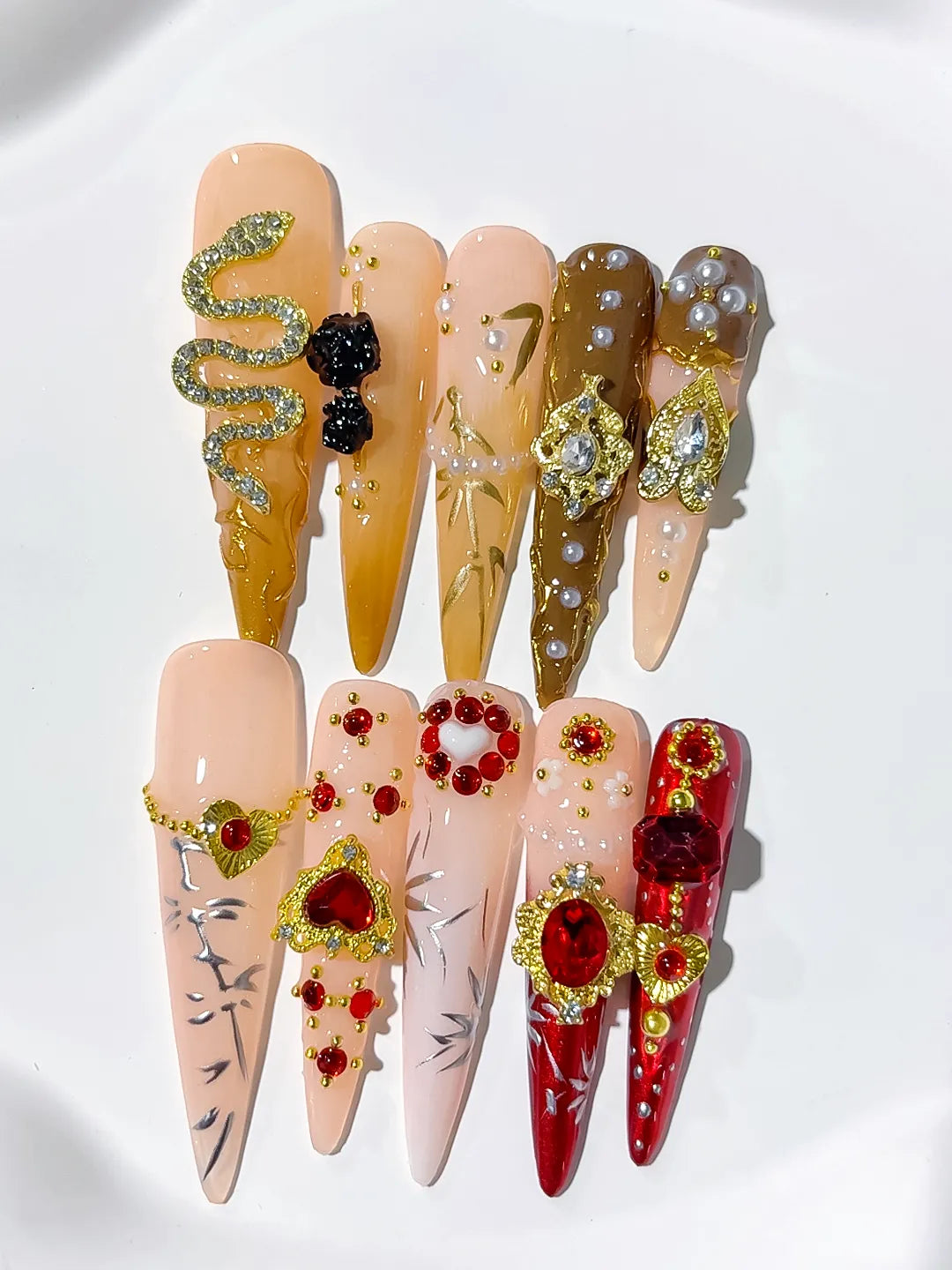 Brown Yellow Red Gold Solid color Flower Rhinestone Metallic Accent press on nails detail view