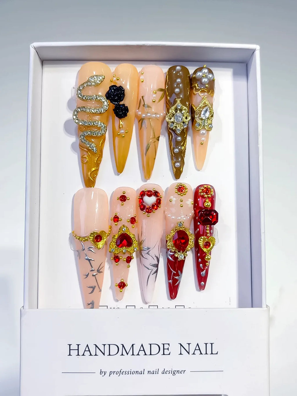 Brown Yellow Red Gold Solid color Flower Rhinestone Metallic Accent press on nails full set view