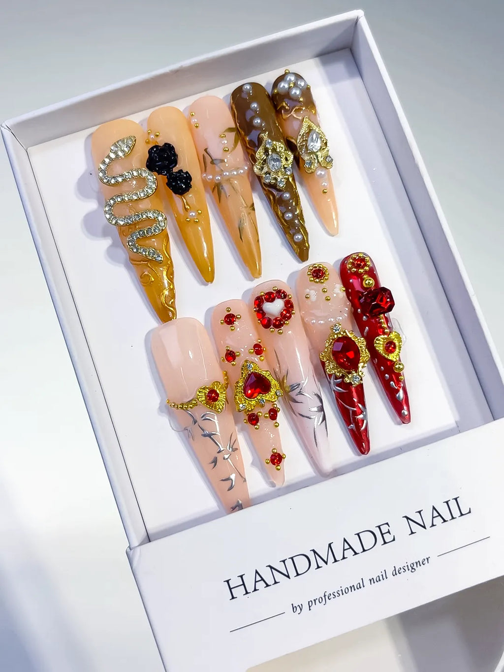 Brown Yellow Red Gold Solid color Flower Rhinestone Metallic Accent press on nails angled view