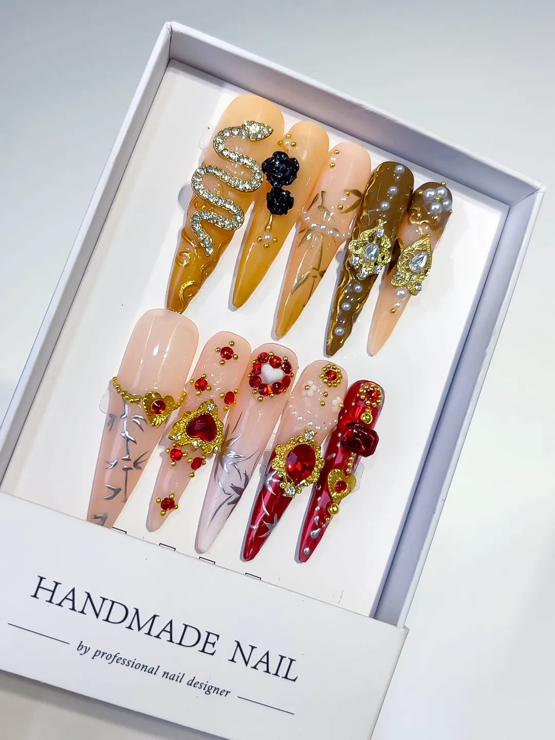 Brown Yellow Red Gold Solid color Flower Rhinestone Metallic Accent press on nails