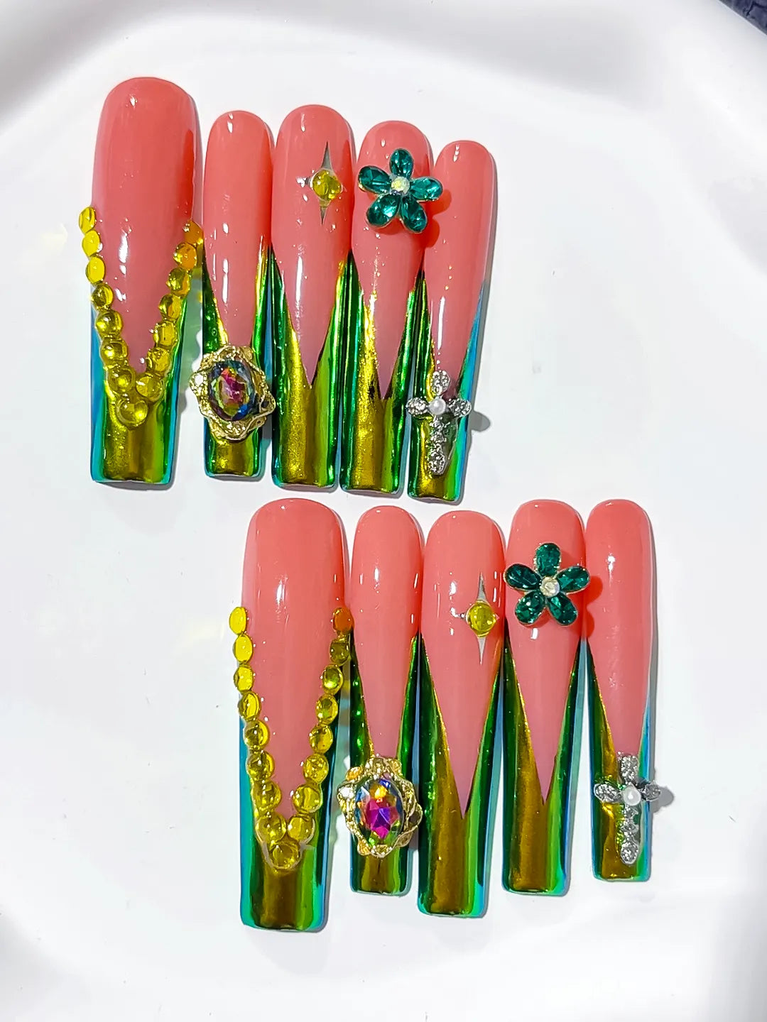 Green Orange Nude Abstract Flower 3D press on nails detail view
