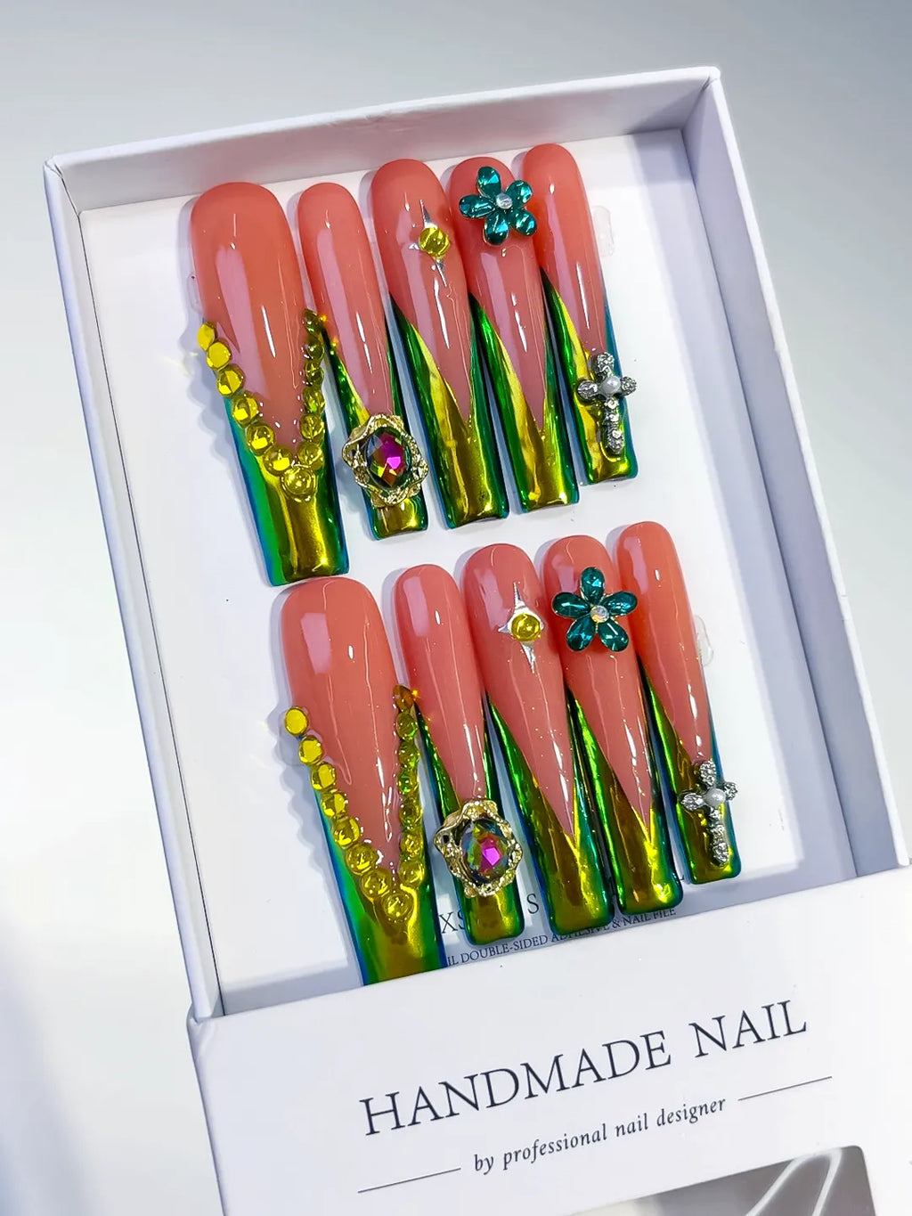 Green Orange Nude Abstract Flower 3D press on nails angled view