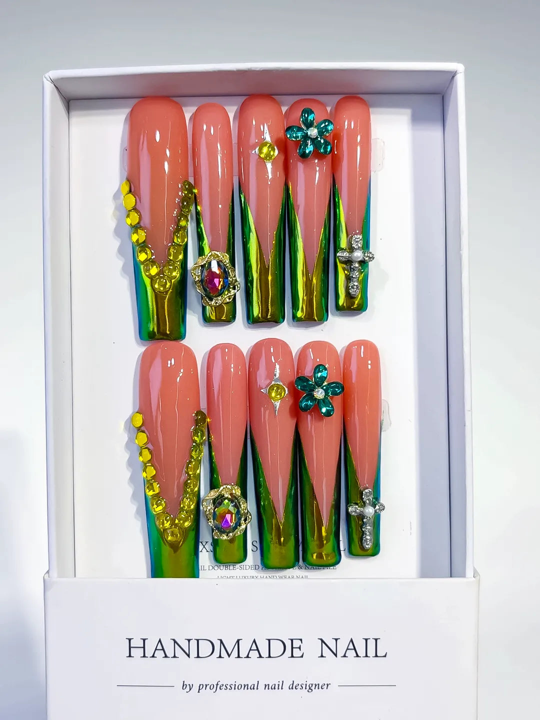Green Orange Nude Abstract Flower 3D press on nails full set view