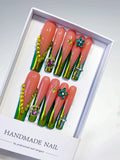 Green Orange Nude Abstract Flower 3D press on nails