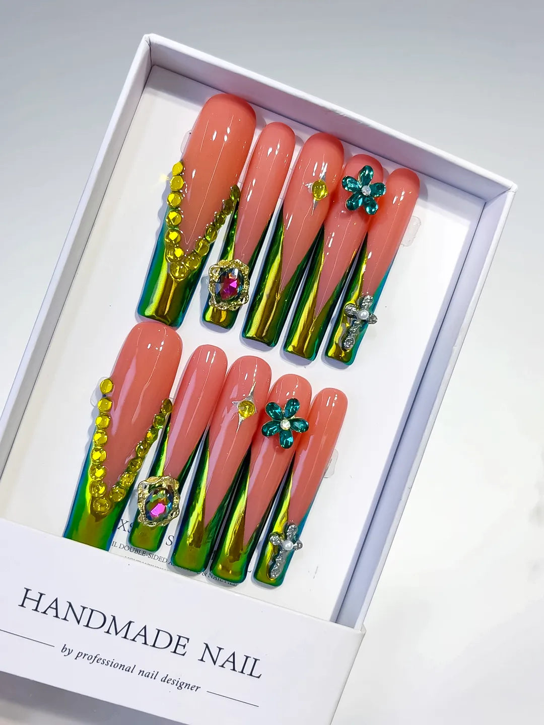 Green Orange Nude Abstract Flower 3D press on nails