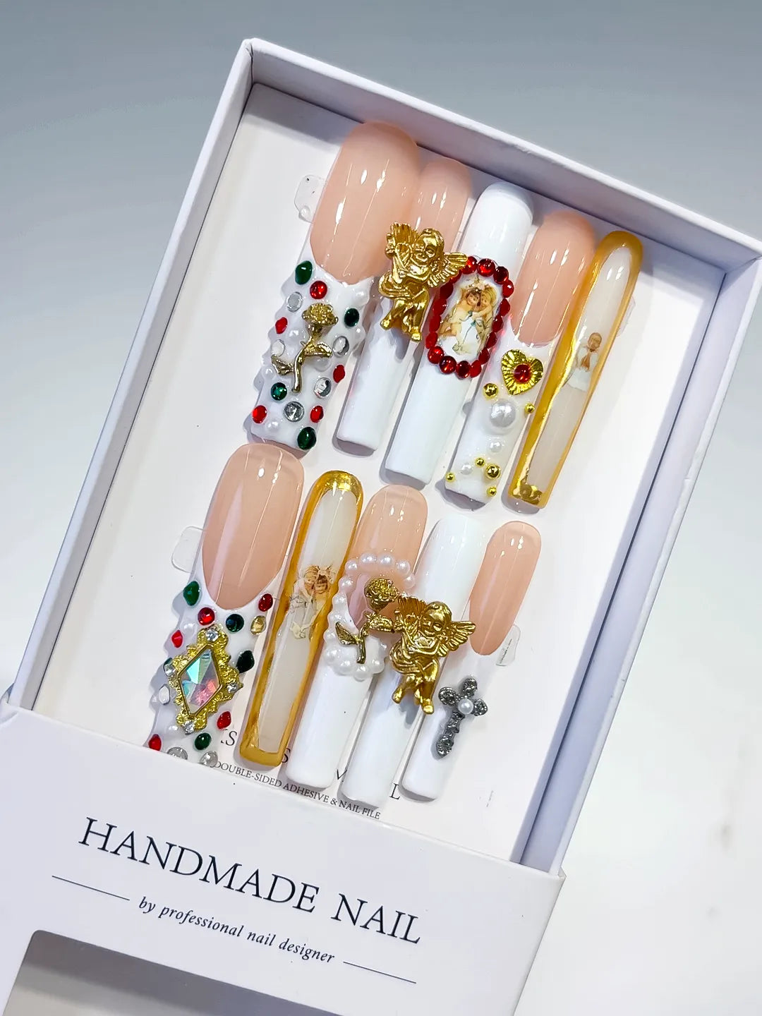 Nude White Gold Solid color Heart Rhinestone Metallic Accent press on nails