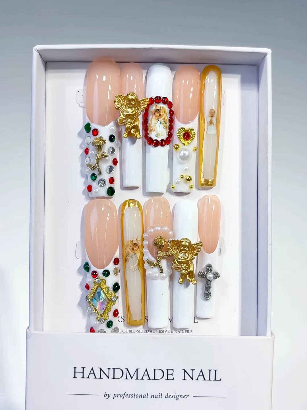 Nude White Gold Solid color Heart Rhinestone Metallic Accent press on nails full set view