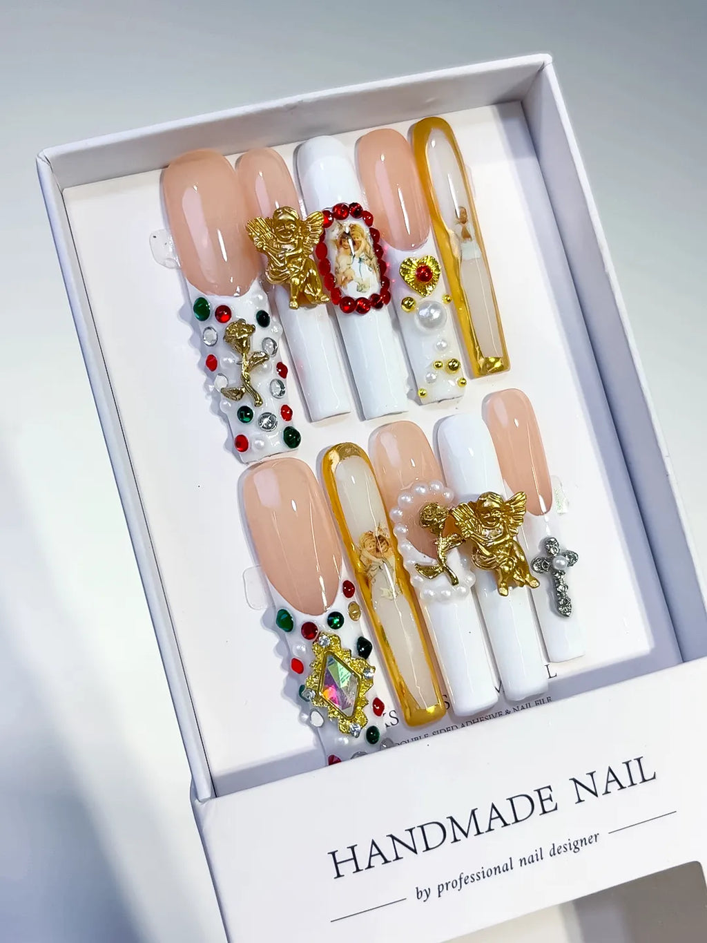 Nude White Gold Solid color Heart Rhinestone Metallic Accent press on nails angled view