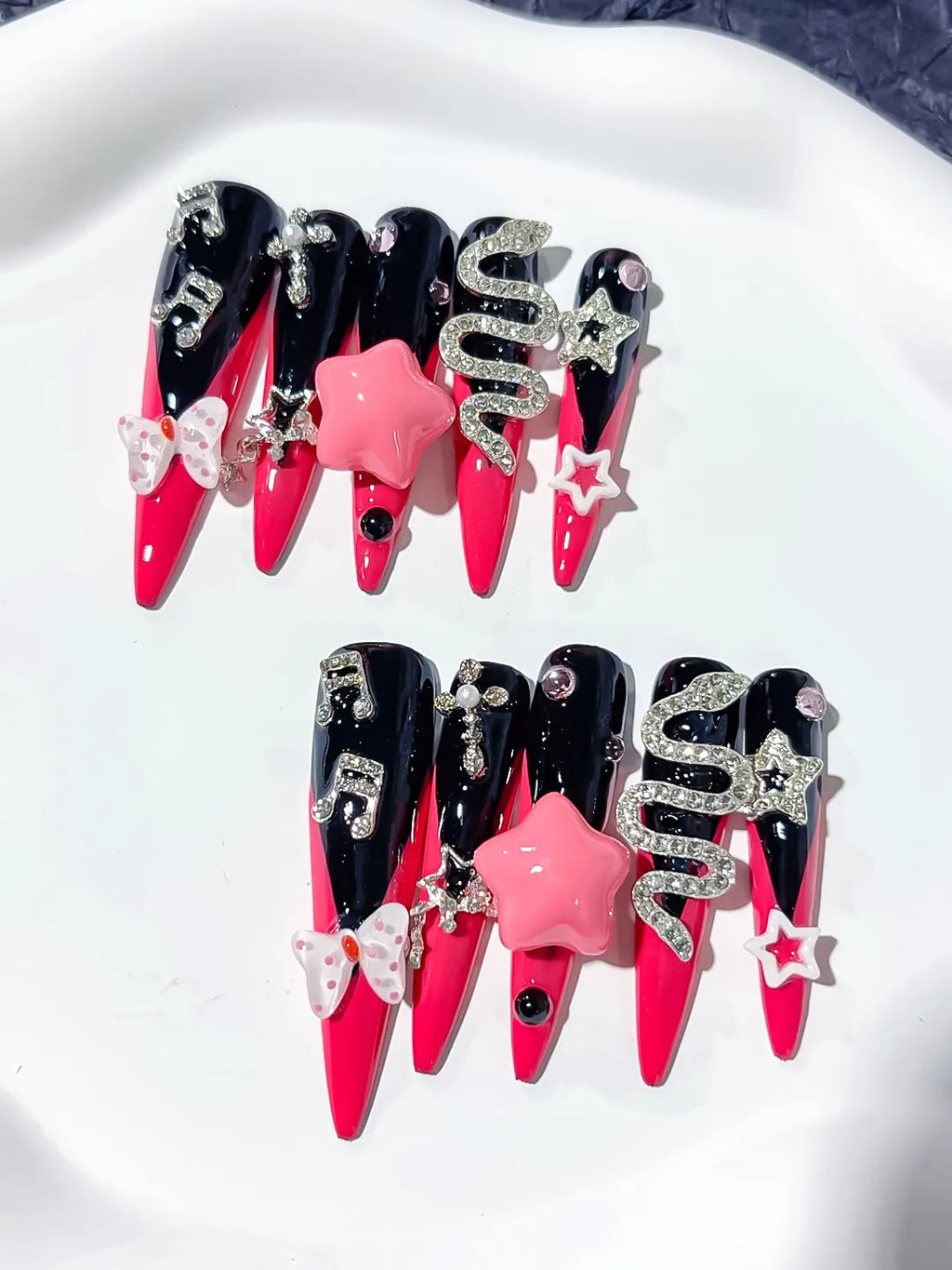 Pink Black Silver Abstract Bow Rhinestone 3D press on nails close up
