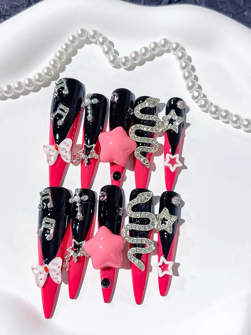 Pink Black Silver Abstract Bow Rhinestone 3D press on nails detail view