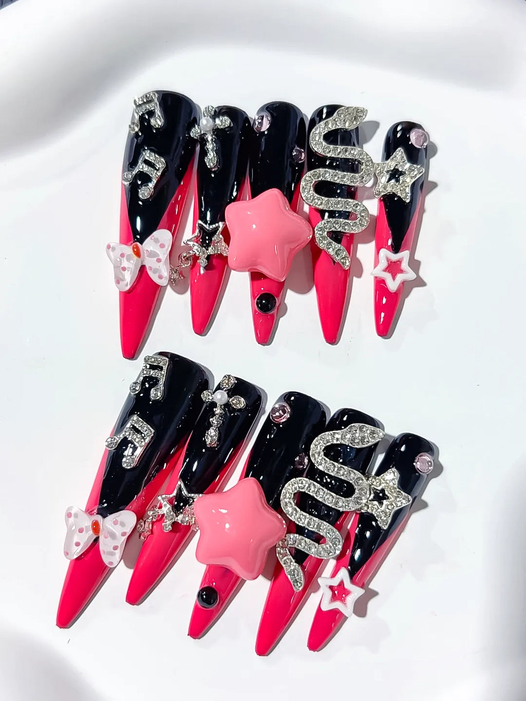 Pink Black Silver Abstract Bow Rhinestone 3D press on nails detail view