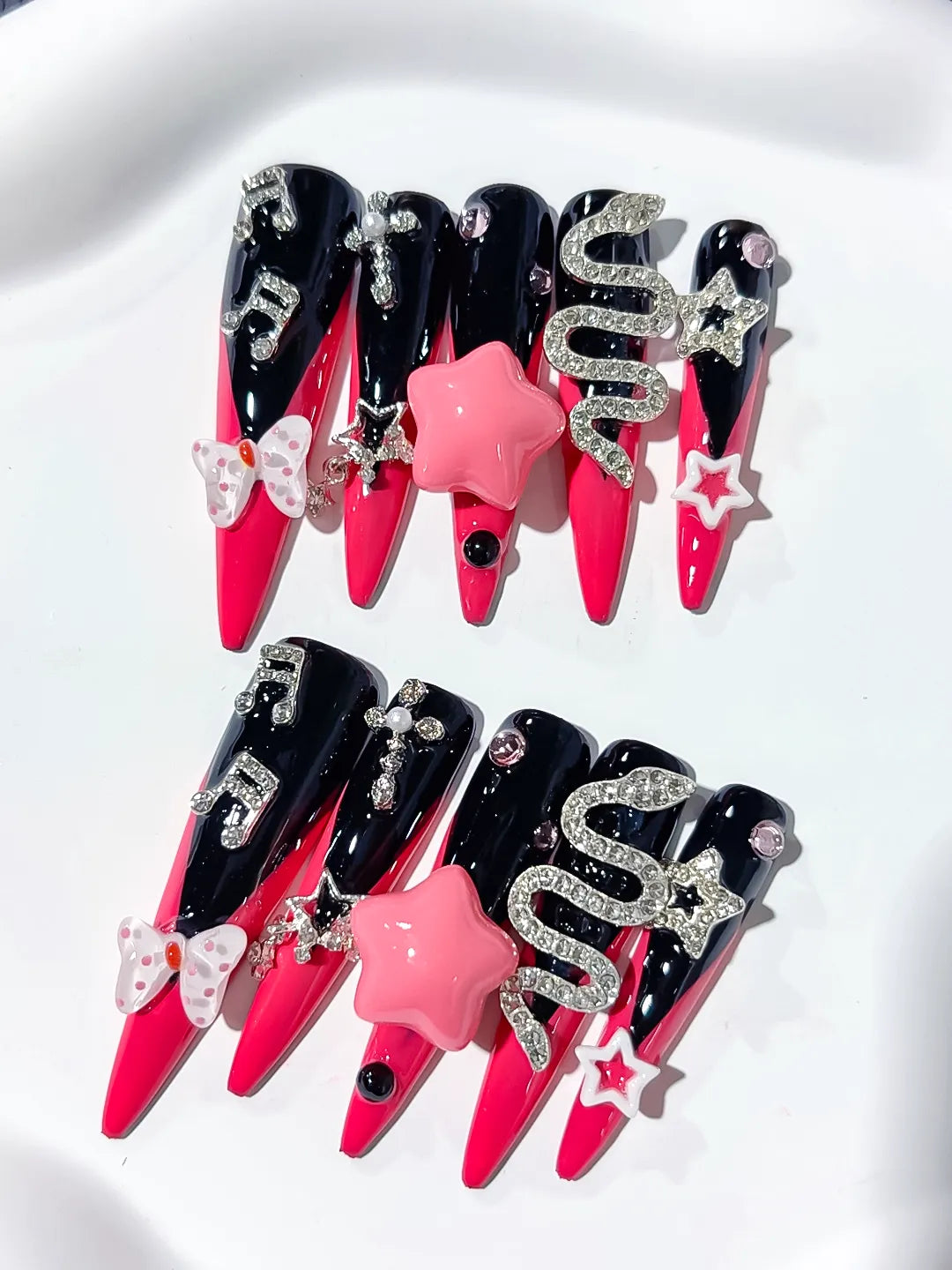 Pink Black Silver Abstract Bow Rhinestone 3D press on nails detail view