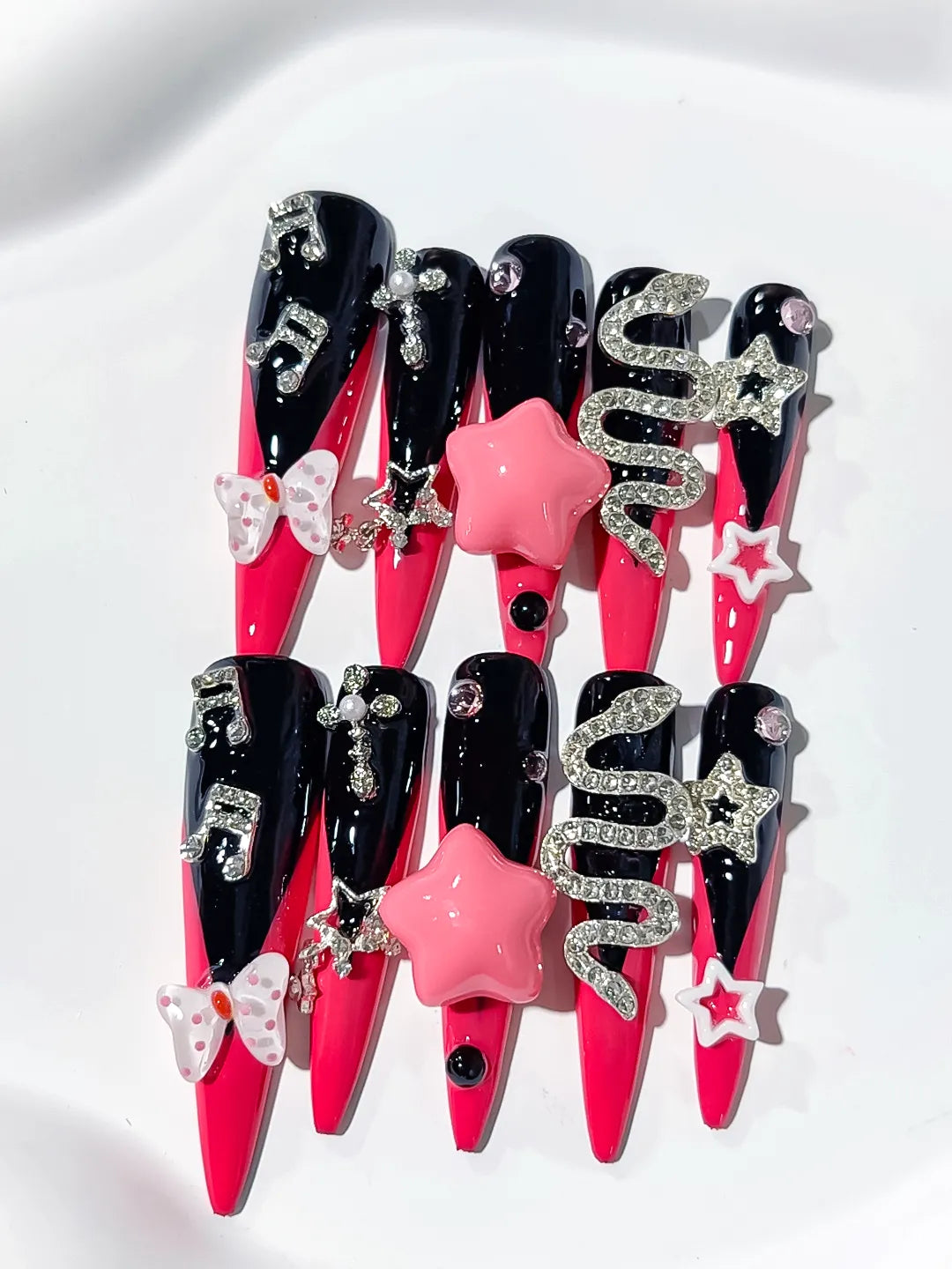Pink Black Silver Abstract Bow Rhinestone 3D press on nails detail view