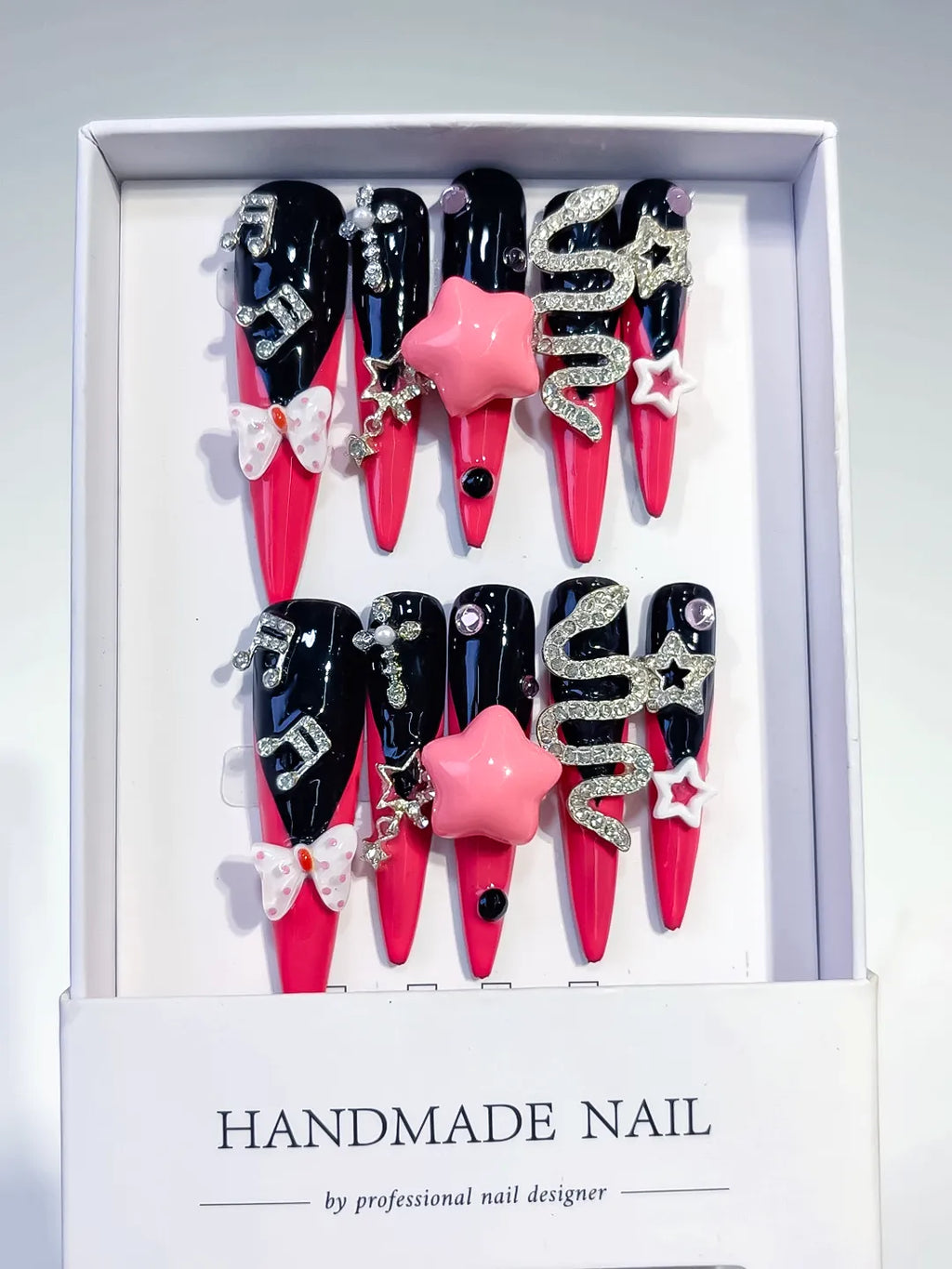 Pink Black Silver Abstract Bow Rhinestone 3D press on nails full set view