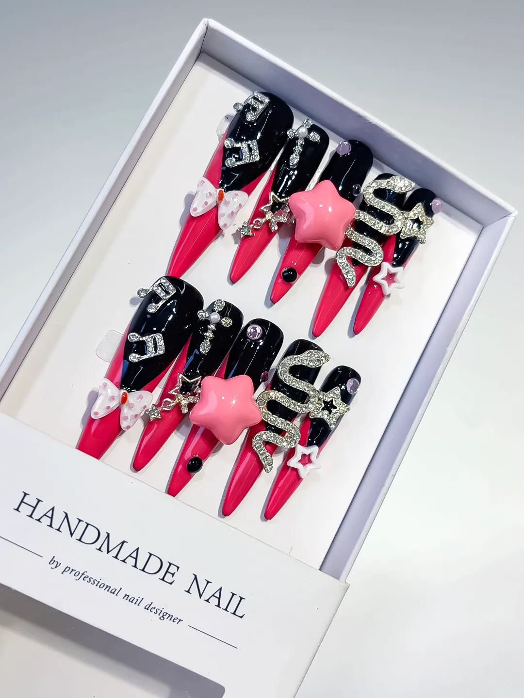 Pink Black Silver Abstract Bow Rhinestone 3D press on nails