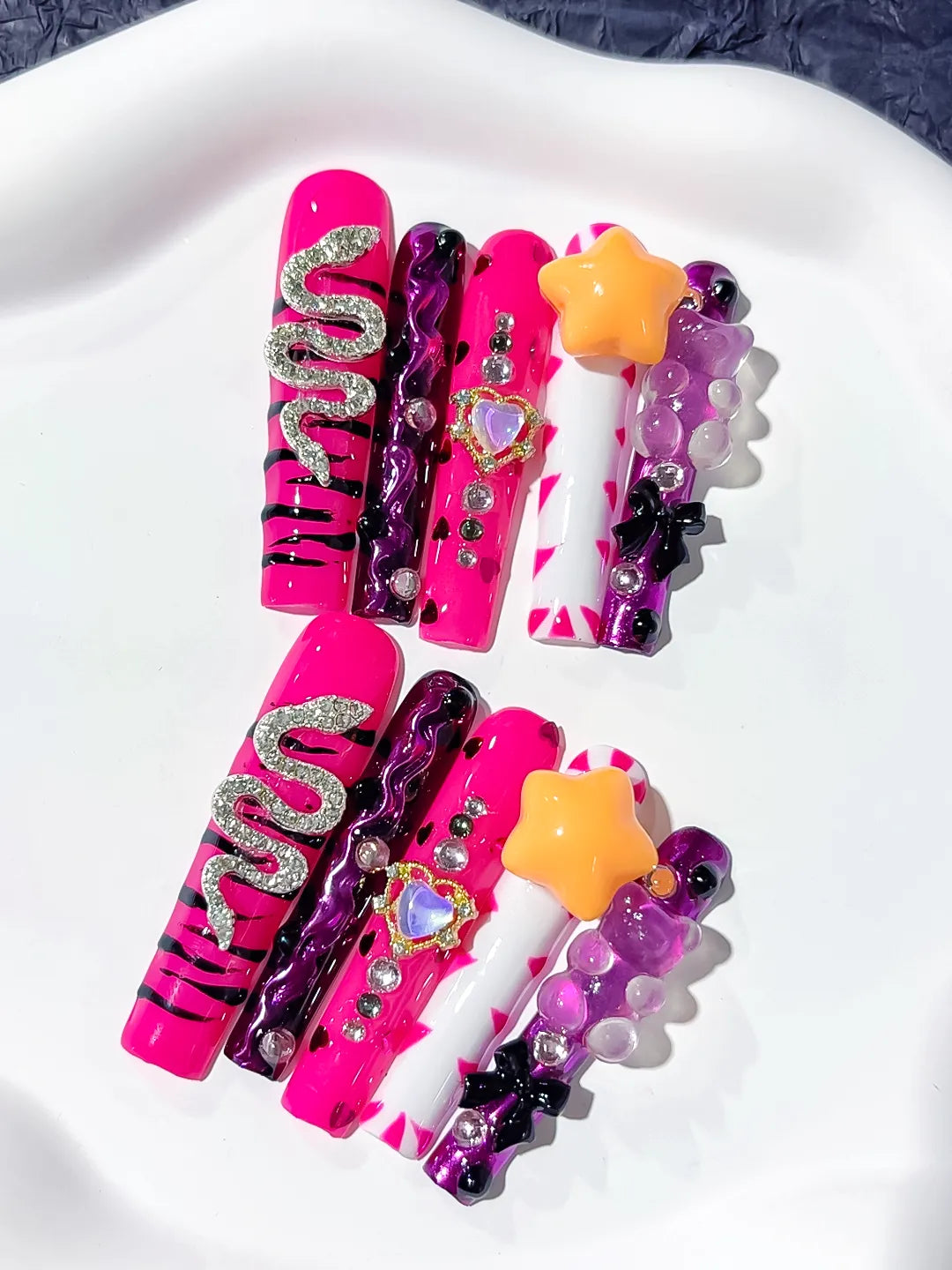 Pink Black Silver Yellow Abstract Flower Bow 3D press on nails detail view