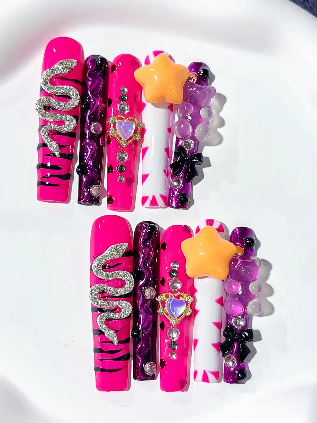 Pink Black Silver Yellow Abstract Flower Bow 3D press on nails close up