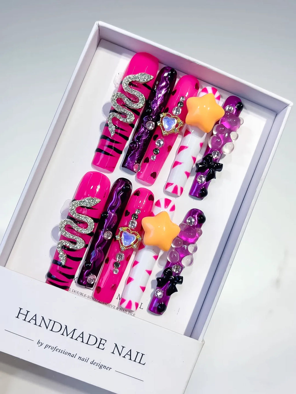 Pink Black Silver Yellow Abstract Flower Bow 3D press on nails