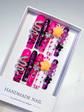 Pink Black Silver Yellow Abstract Flower Bow 3D press on nails