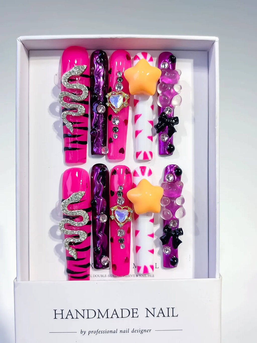 Pink Black Silver Yellow Abstract Flower Bow 3D press on nails full set view