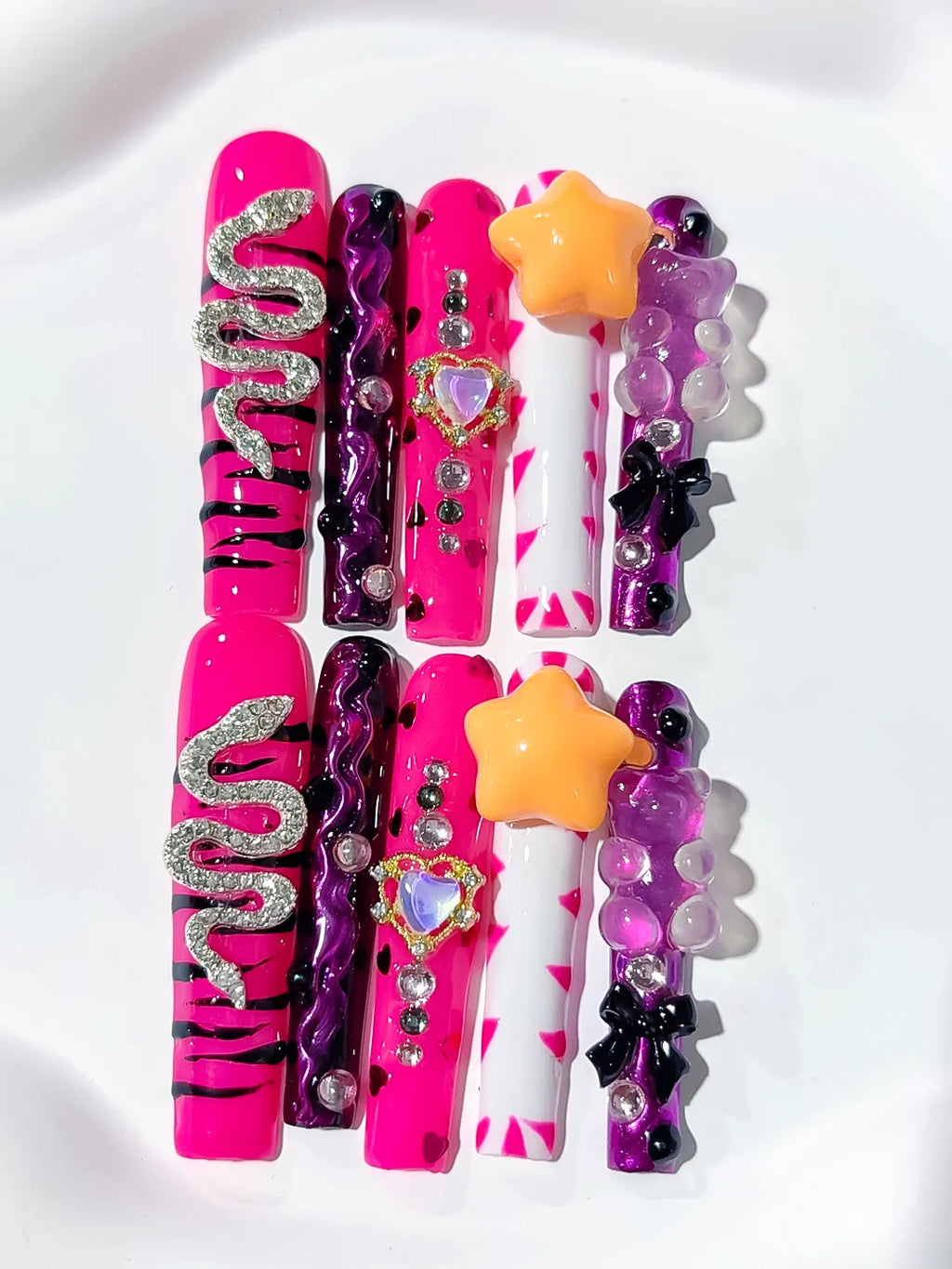 Pink Black Silver Yellow Abstract Flower Bow 3D press on nails detail view