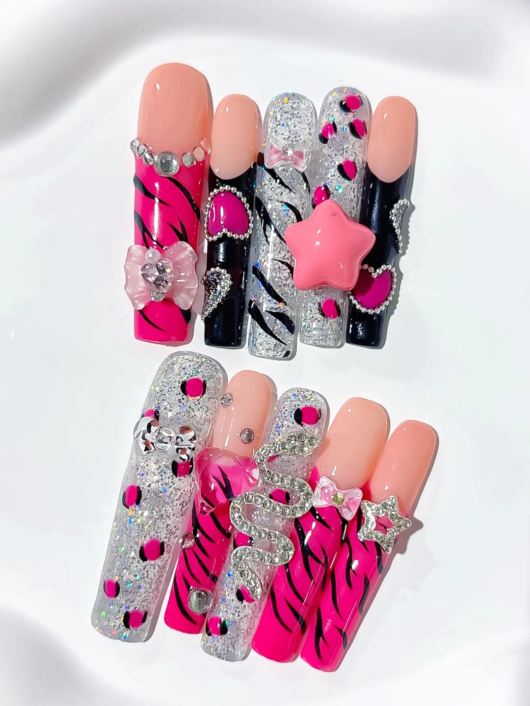 Pink Black White Silver Abstract Flower Bow Rhinestone 3D press on nails close up