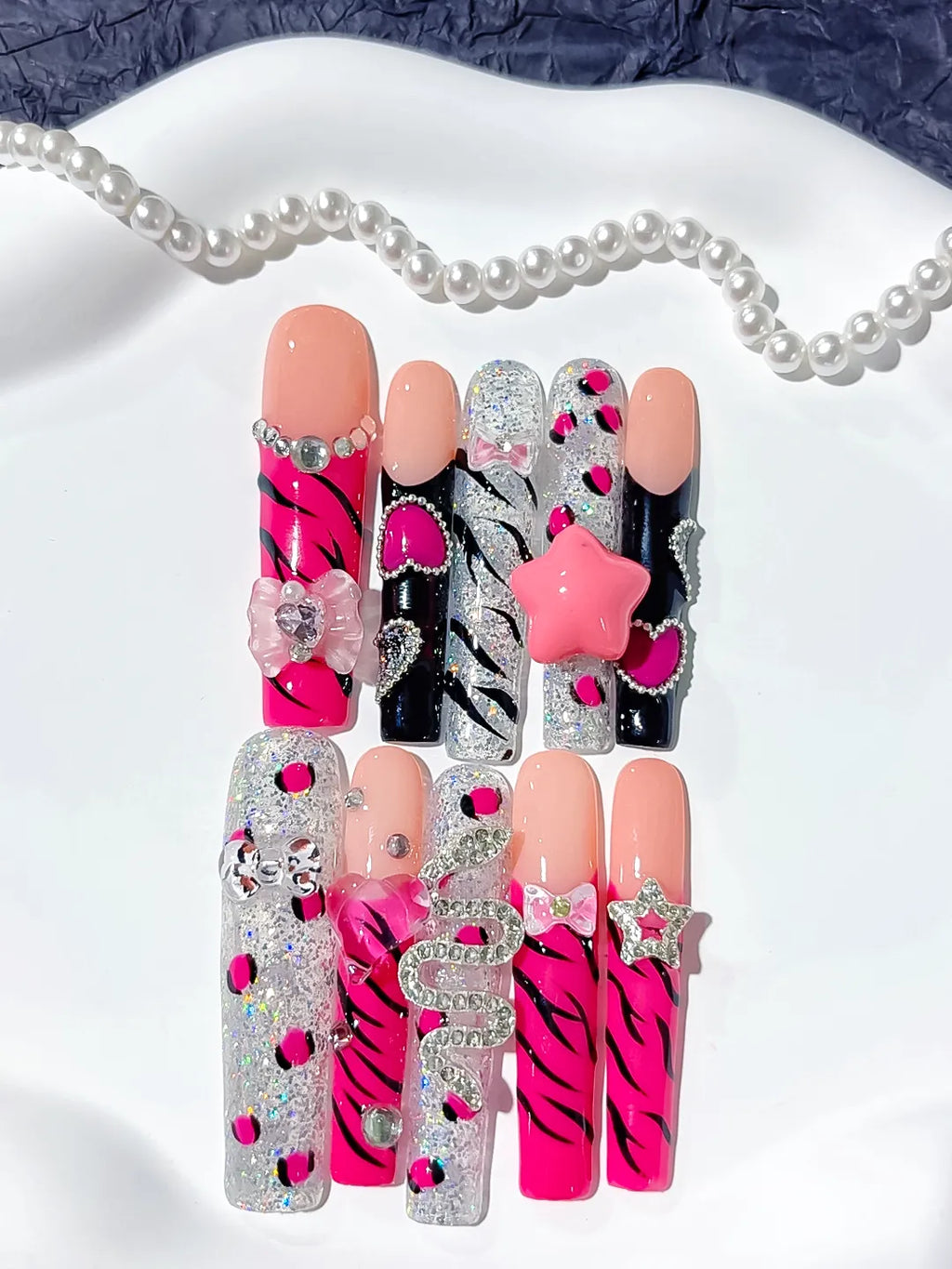 Pink Black White Silver Abstract Flower Bow Rhinestone 3D press on nails detail view