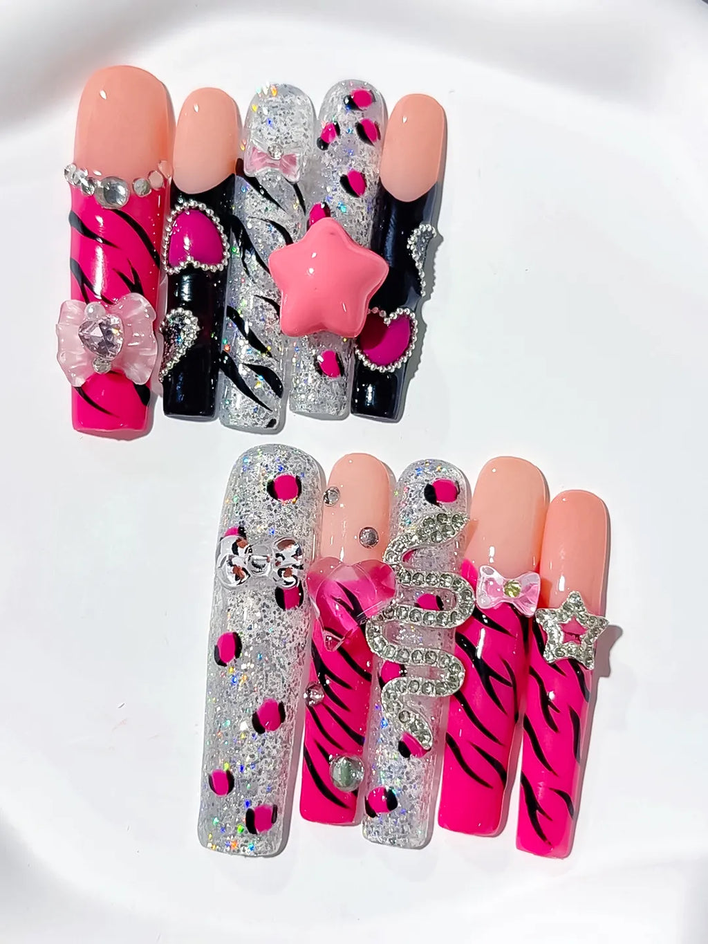 Pink Black White Silver Abstract Flower Bow Rhinestone 3D press on nails detail view